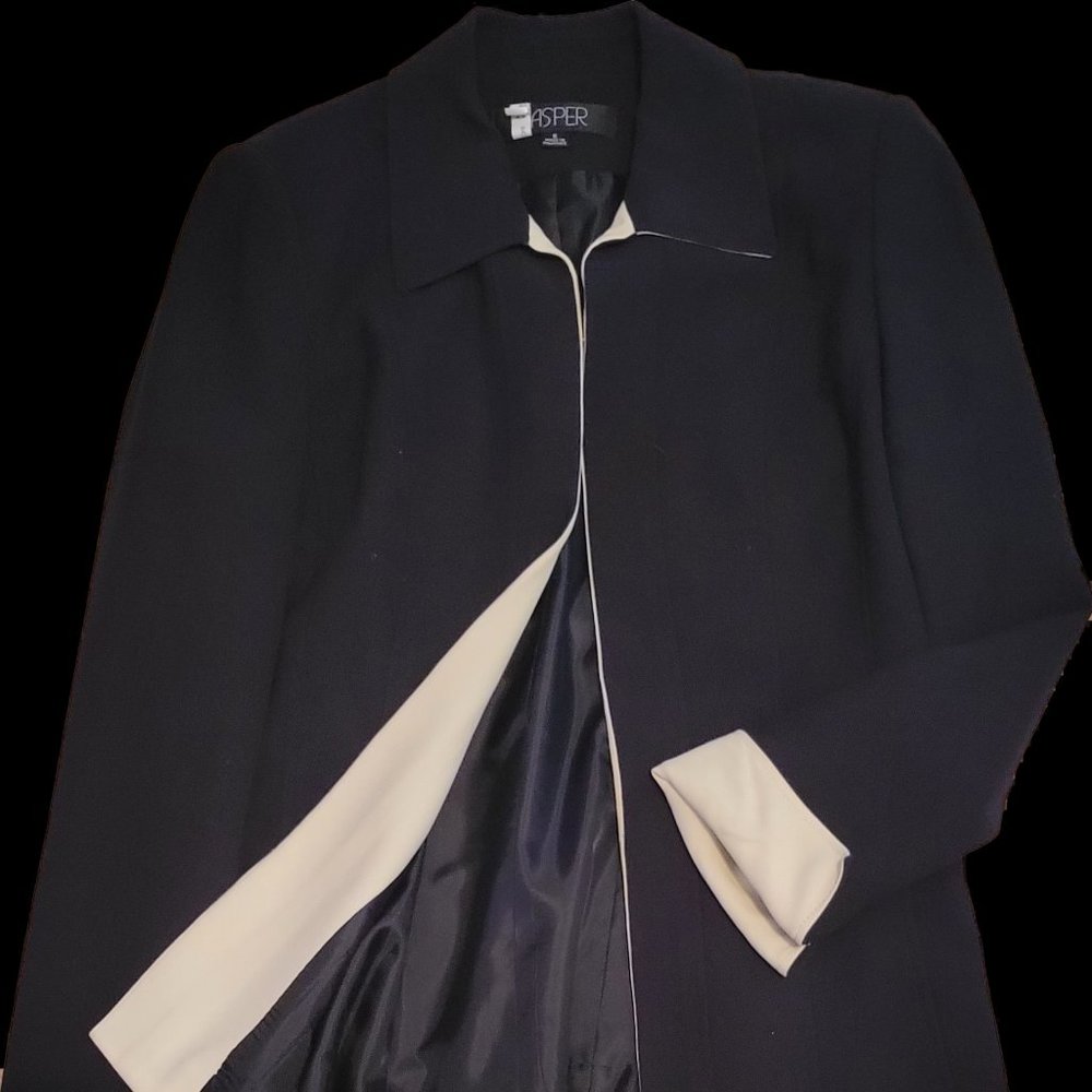 Navy blue pants suit.